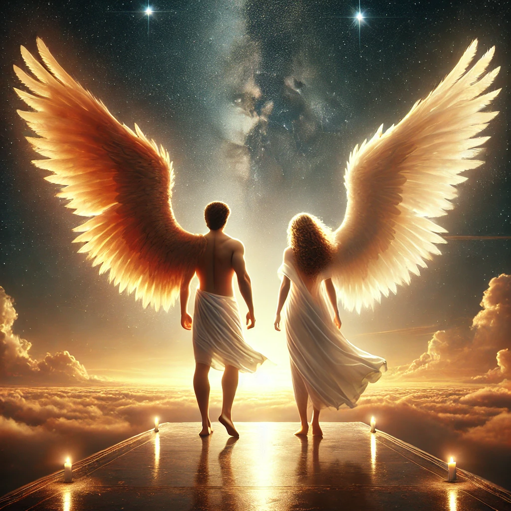 DALL·E-2025-05-13-17.47.00-An-epic-and-realistic-digital-painting-of-two-angels-standing-on-a-glowing-platform-in-the-sky.-Each-angel-has-a-pair-of-wings_-the-male-angel-has-two Znaczenie snów: Twin Flame, Soul Mate i symbole podświadomości - część 1